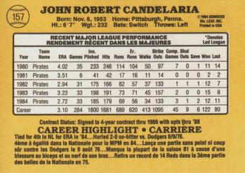 1985 Leaf #157 John Candelaria Back