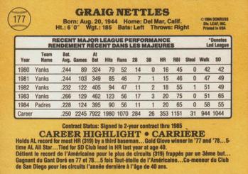 1985 Leaf #177 Graig Nettles Back