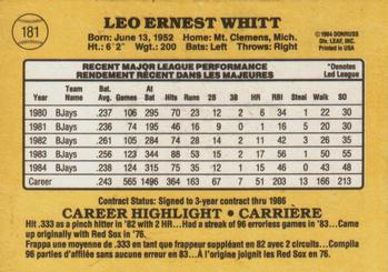 1985 Leaf #181 Ernie Whitt Back