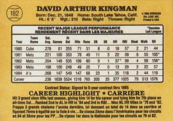 1985 Leaf #182 Dave Kingman Back