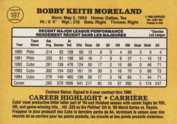 1985 Leaf #197 Keith Moreland Back