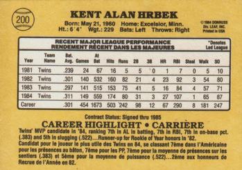 1985 Leaf #200 Kent Hrbek Back