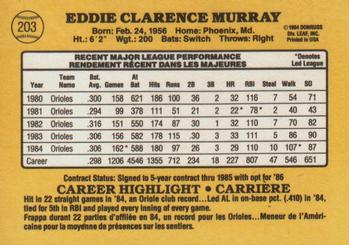 1985 Leaf #203 Eddie Murray Back