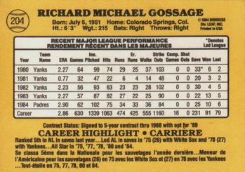 1985 Leaf #204 Rich Gossage Back