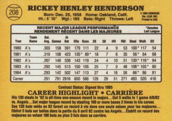 1985 Leaf #208 Rickey Henderson Back