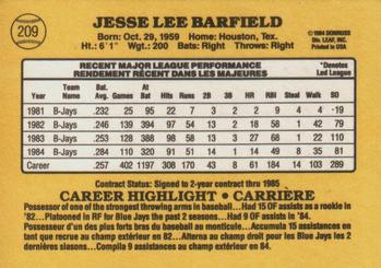 1985 Leaf #209 Jesse Barfield Back