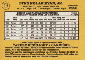 1985 Leaf #216 Nolan Ryan Back