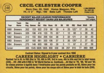 1985 Leaf #246 Cecil Cooper Back