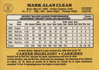 1985 Leaf #32 Mark Clear Back