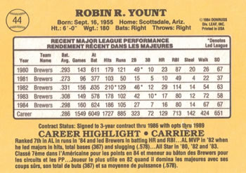1985 Leaf #44 Robin Yount Back