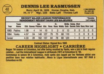 1985 Leaf #48 Dennis Rasmussen Back