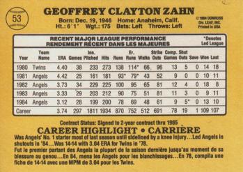 1985 Leaf #53 Geoff Zahn Back