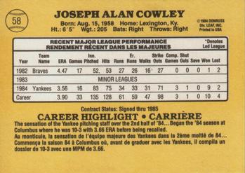 1985 Leaf #58 Joe Cowley Back