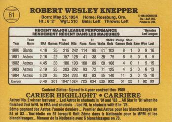 1985 Leaf #61 Bob Knepper Back