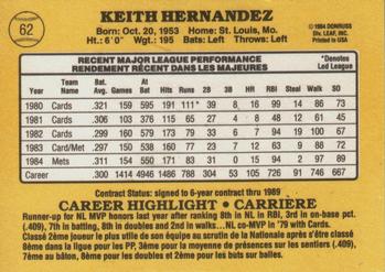 1985 Leaf #62 Keith Hernandez Back