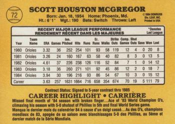 1985 Leaf #72 Scott McGregor Back