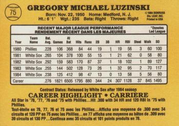 1985 Leaf #75 Greg Luzinski Back