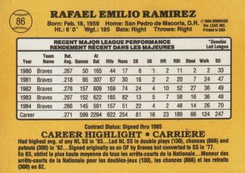 1985 Leaf #86 Rafael Ramirez Back