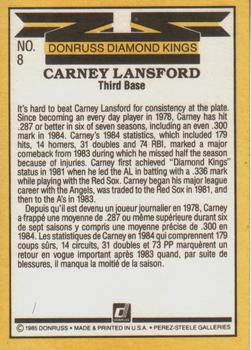 1985 Leaf #8 Carney Lansford Back