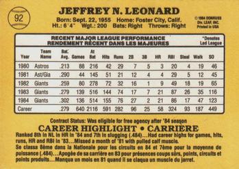 1985 Leaf #92 Jeff Leonard Back