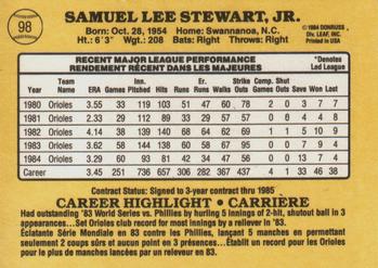 1985 Leaf #98 Sammy Stewart Back