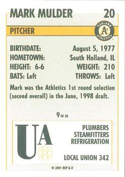 2001 Plumbers Union Oakland Athletics #9 Mark Mulder Back