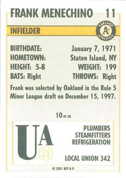 2001 Plumbers Union Oakland Athletics #10 Frank Menechino Back