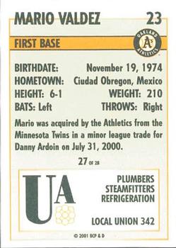 2001 Plumbers Union Oakland Athletics #27 Mario Valdez Back