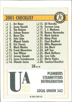 2001 Plumbers Union Oakland Athletics #28 Coaches (Bob Alejo / Rick Peterson / Thad Bosley / Ken Macha / Mike Quade / Brad Fischer / Ron Washington) Back
