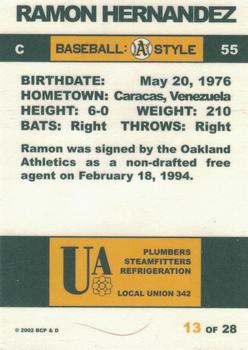 2002 Plumbers Union Oakland Athletics #13 Ramon Hernandez Back