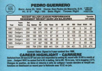 1986 Leaf #105 Pedro Guerrero Back