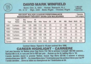 1986 Leaf #125 Dave Winfield Back