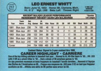 1986 Leaf #217 Ernie Whitt Back