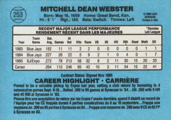 1986 Leaf #253 Mitch Webster Back