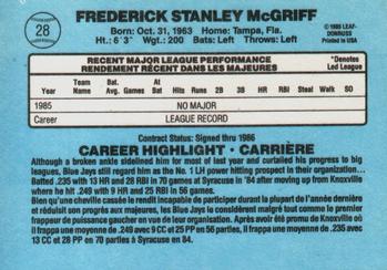  Fred McGriff Card #621 1986 Leaf Donruss Toronto Blue