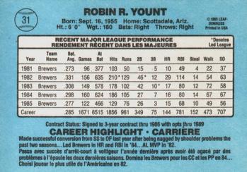 1986 Leaf #31 Robin Yount Back