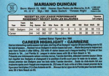 1986 Leaf #50 Mariano Duncan Back
