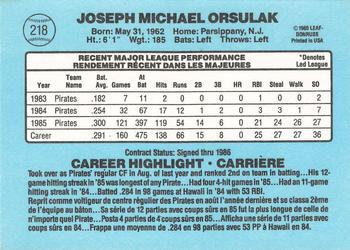 1986 Leaf #218 Joe Orsulak Back