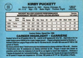 1986 Leaf #69 Kirby Puckett Back