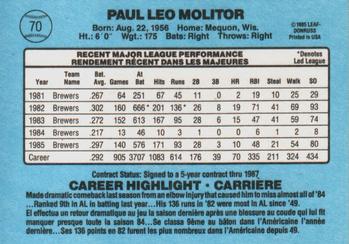 1986 Leaf #70 Paul Molitor Back