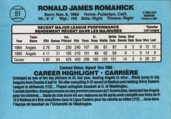 1986 Leaf #81 Ron Romanick Back