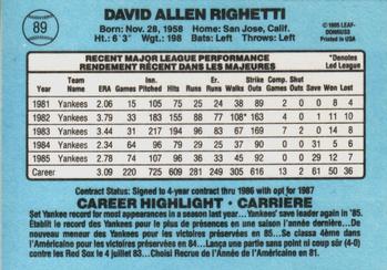 1986 Leaf #89 Dave Righetti Back