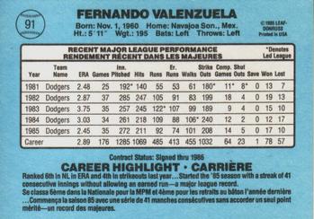1986 Leaf #91 Fernando Valenzuela Back