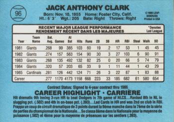 1986 Leaf #96 Jack Clark Back