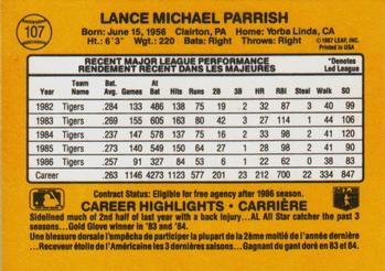 1987 Leaf #107 Lance Parrish Back