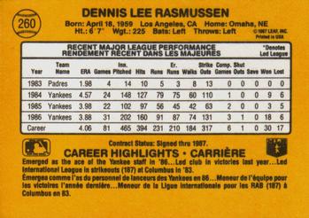 1987 Leaf #260 Dennis Rasmussen Back
