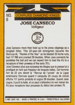 1987 Leaf #6 Jose Canseco Back