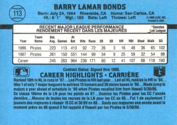 1988 Leaf #113 Barry Bonds Back