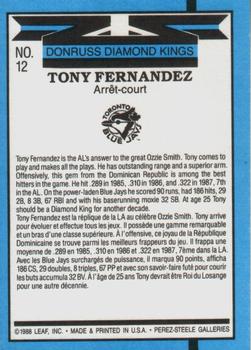 1988 Leaf #12 Tony Fernandez Back