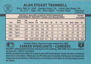 1988 Leaf #167 Alan Trammell Back